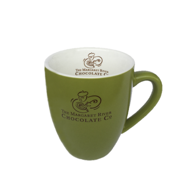 olive green and white mug with logo