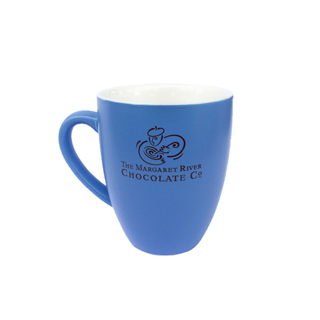 blue and white mug with logo