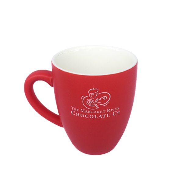 red and white mug with logo